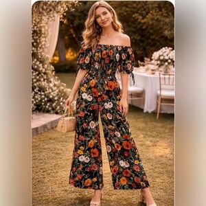 Cara Cara poppy flower with butterflies 🦋 Wideleg jumpsuit NWOT